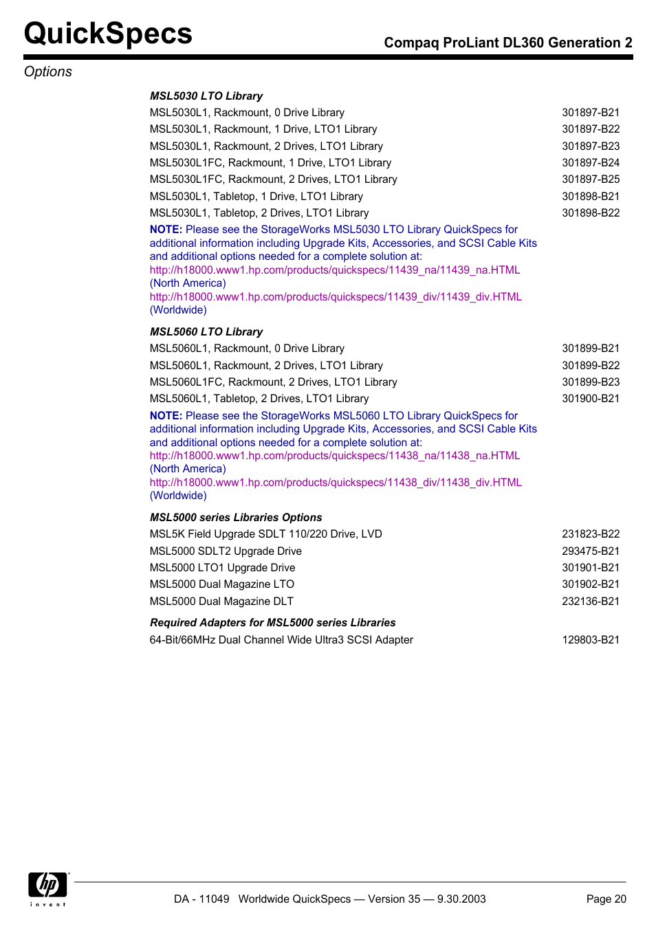 Quickspecs, Compaq proliant dl360 generation 2 options | HP DL360 User Manual | Page 20 / 43