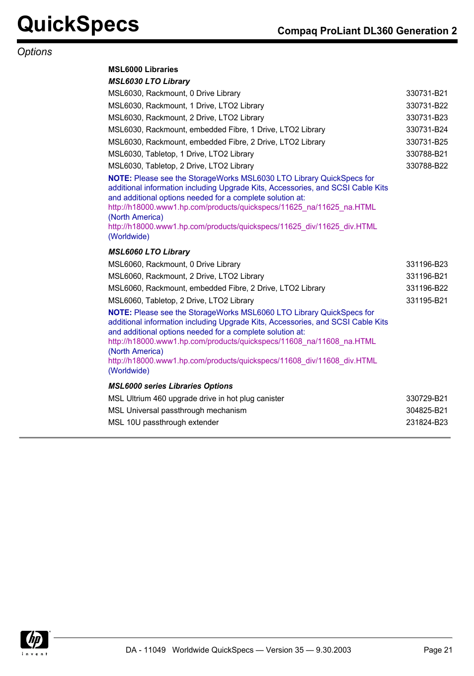 Quickspecs, Compaq proliant dl360 generation 2 options | HP DL360 User Manual | Page 21 / 43