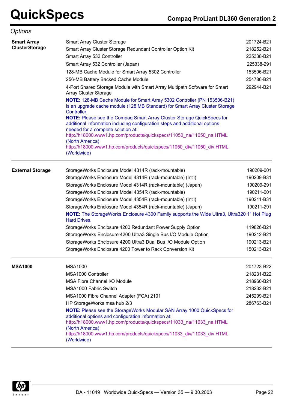 Quickspecs, Compaq proliant dl360 generation 2 options | HP DL360 User Manual | Page 22 / 43