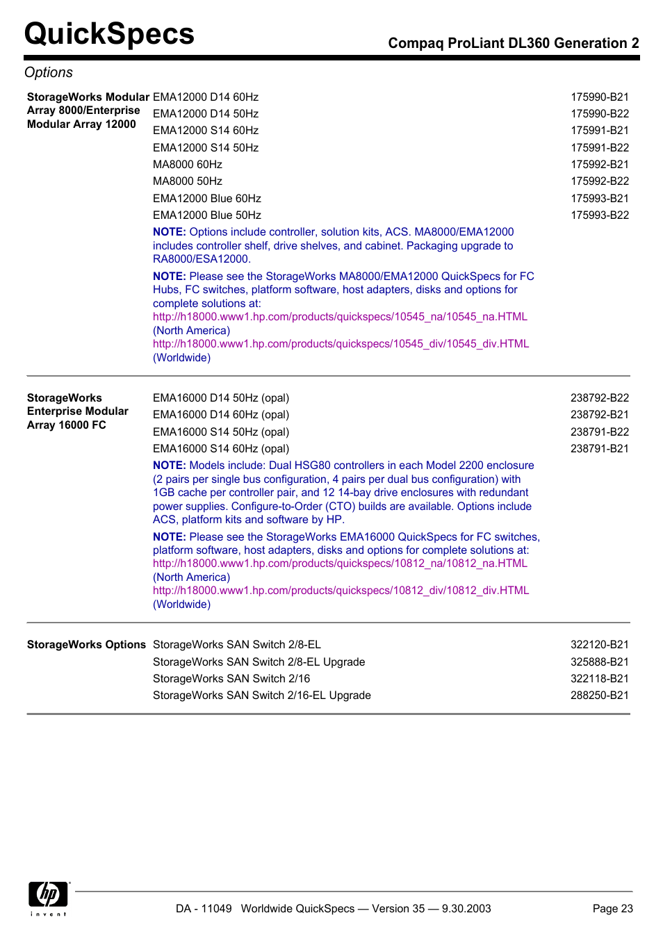 Quickspecs, Compaq proliant dl360 generation 2 options | HP DL360 User Manual | Page 23 / 43
