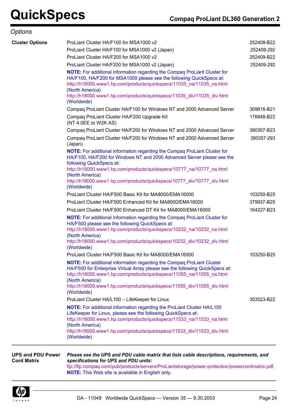 Quickspecs, Compaq proliant dl360 generation 2 options | HP DL360 User Manual | Page 24 / 43