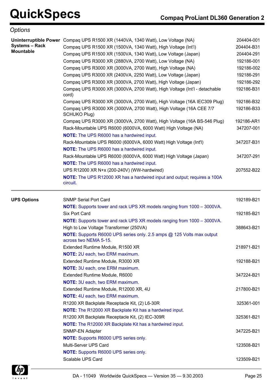 Quickspecs, Compaq proliant dl360 generation 2 options | HP DL360 User Manual | Page 25 / 43
