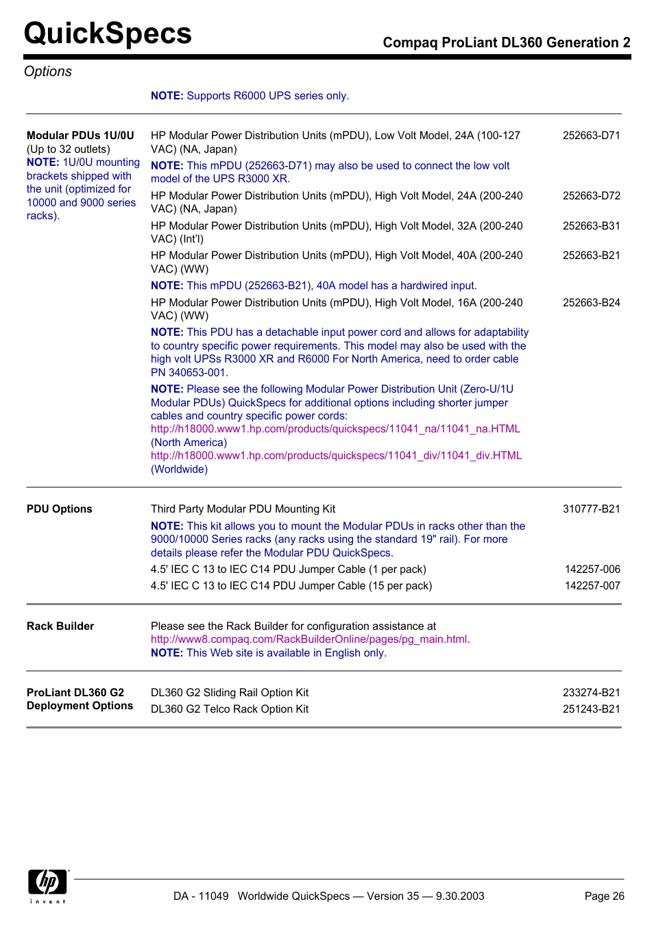 Quickspecs, Compaq proliant dl360 generation 2 options | HP DL360 User Manual | Page 26 / 43