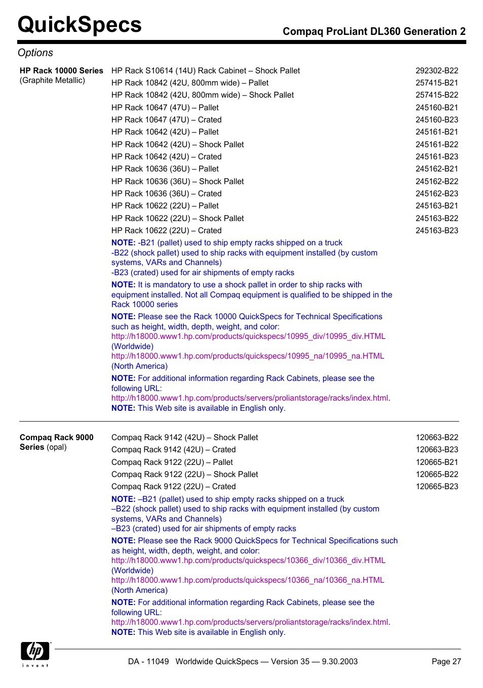 Quickspecs, Compaq proliant dl360 generation 2 options | HP DL360 User Manual | Page 27 / 43