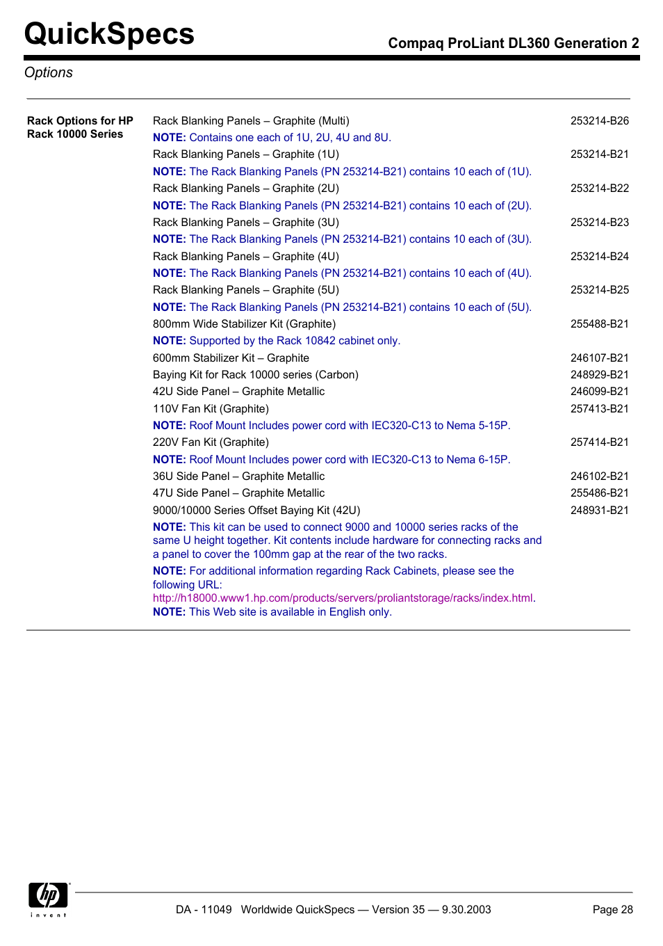Quickspecs, Compaq proliant dl360 generation 2 options | HP DL360 User Manual | Page 28 / 43