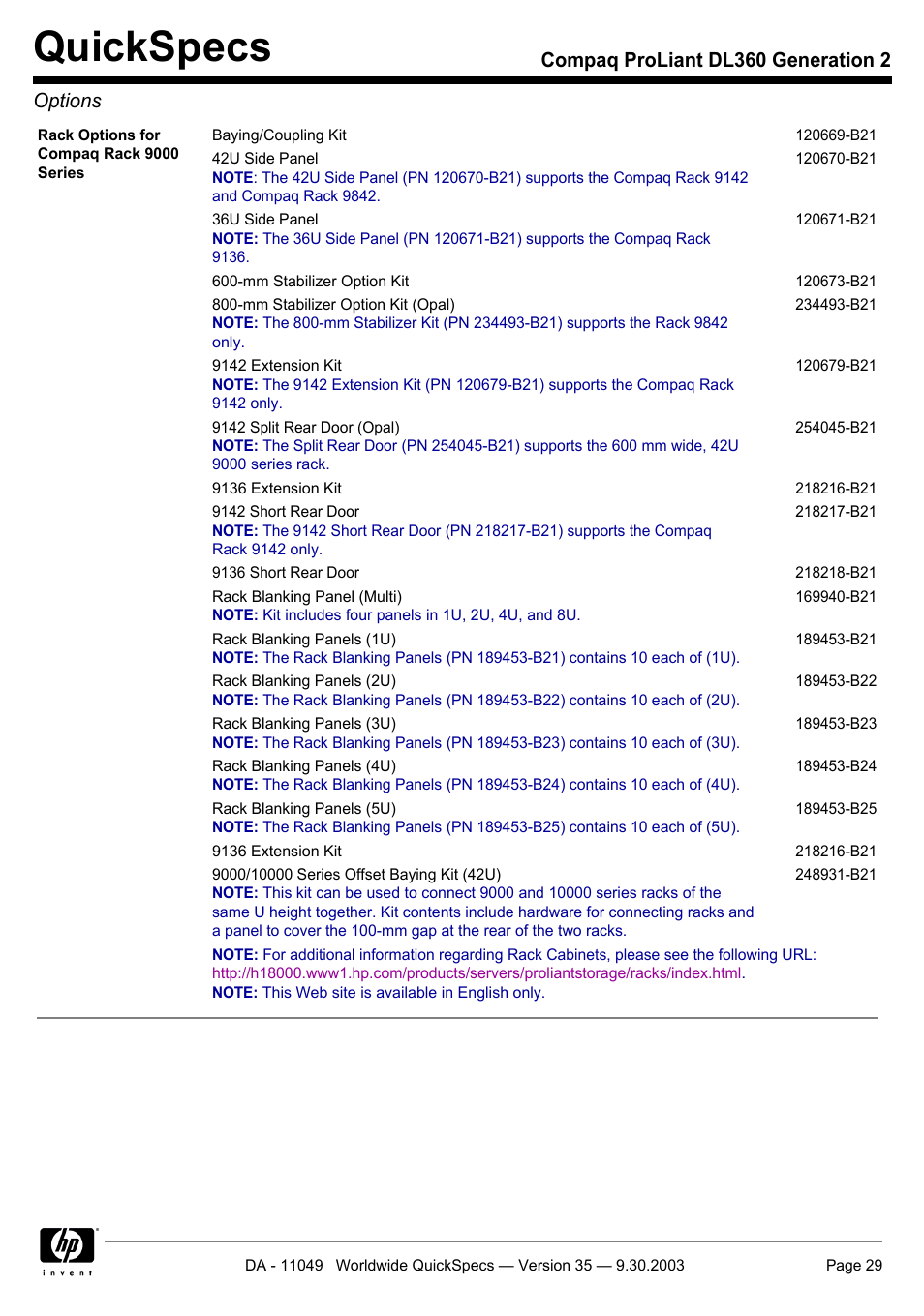 Quickspecs, Compaq proliant dl360 generation 2 options | HP DL360 User Manual | Page 29 / 43