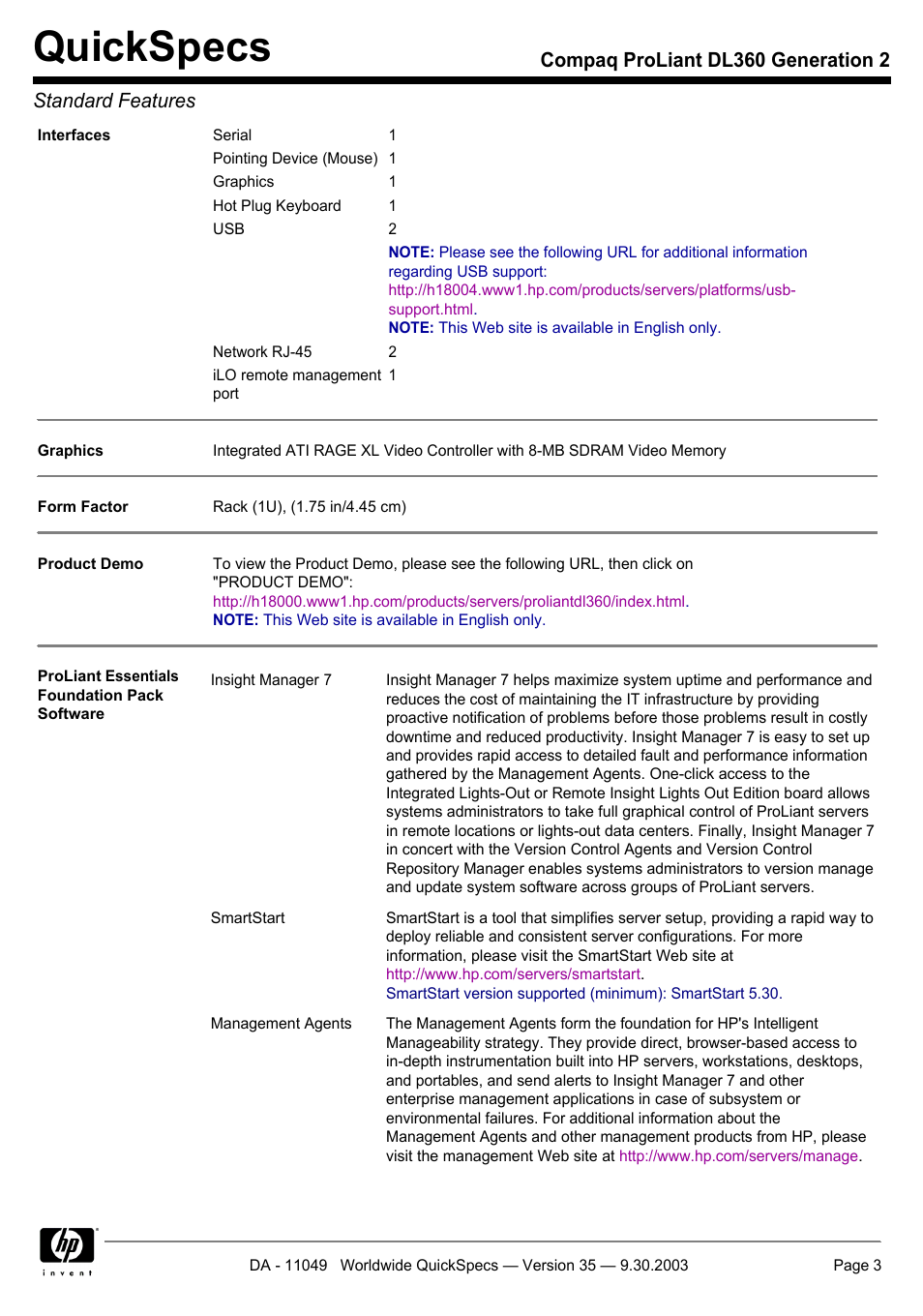 Quickspecs | HP DL360 User Manual | Page 3 / 43