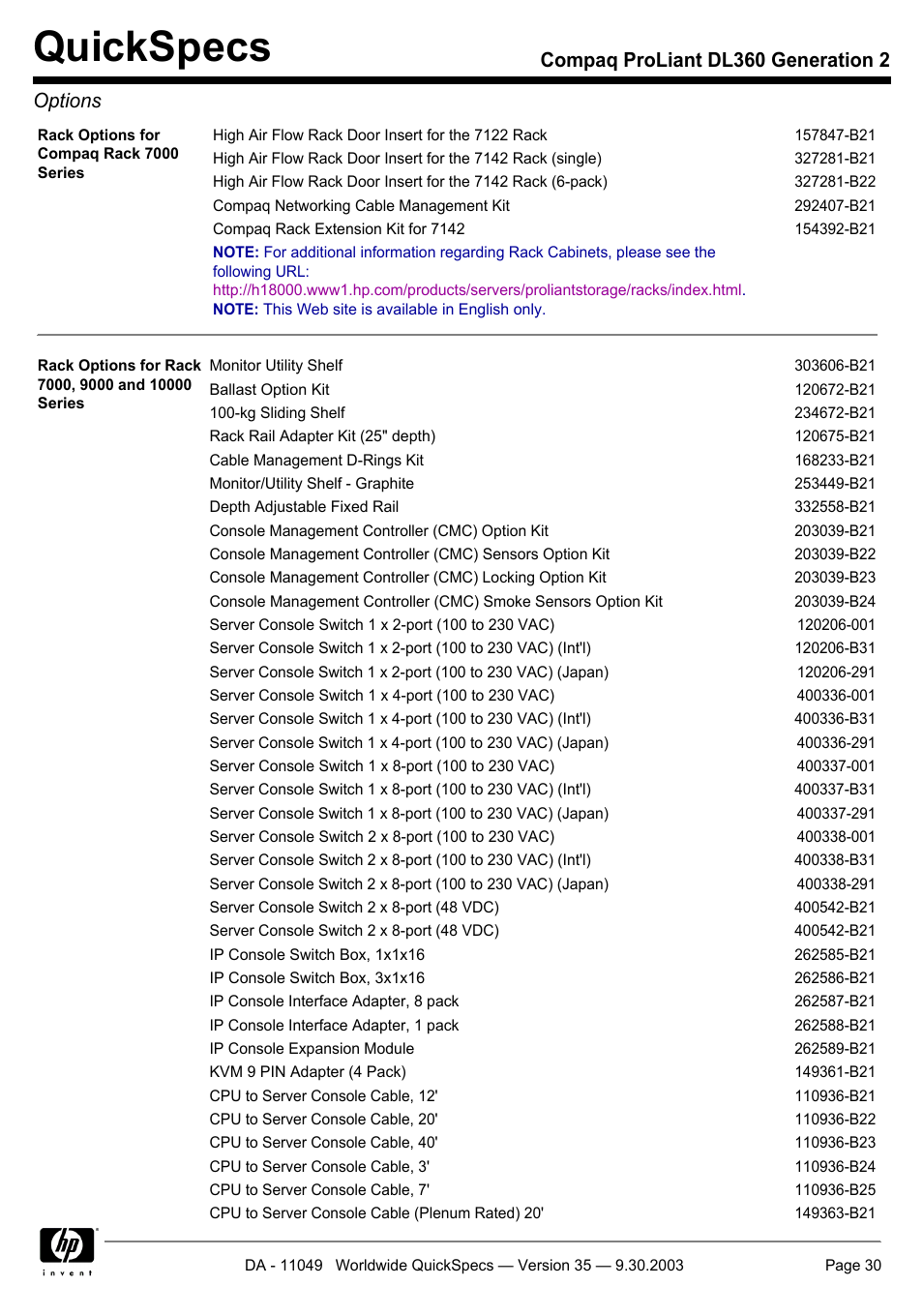 Quickspecs, Compaq proliant dl360 generation 2 options | HP DL360 User Manual | Page 30 / 43