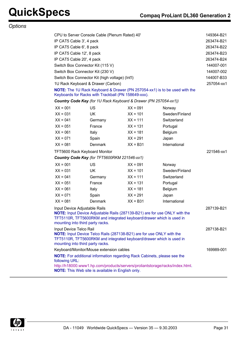 Quickspecs, Compaq proliant dl360 generation 2 options | HP DL360 User Manual | Page 31 / 43