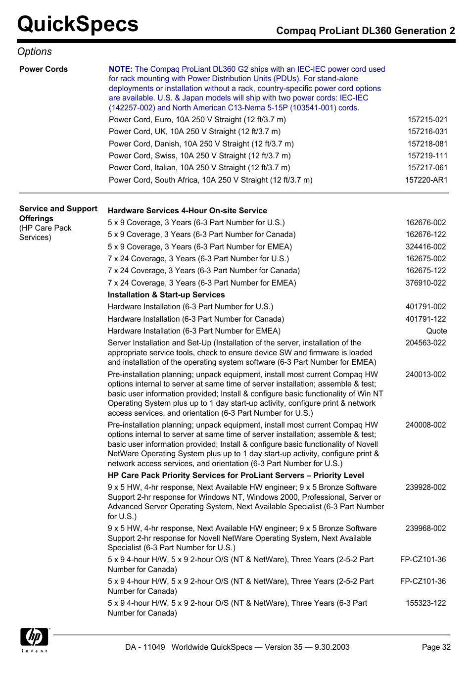 Quickspecs, Compaq proliant dl360 generation 2 options | HP DL360 User Manual | Page 32 / 43