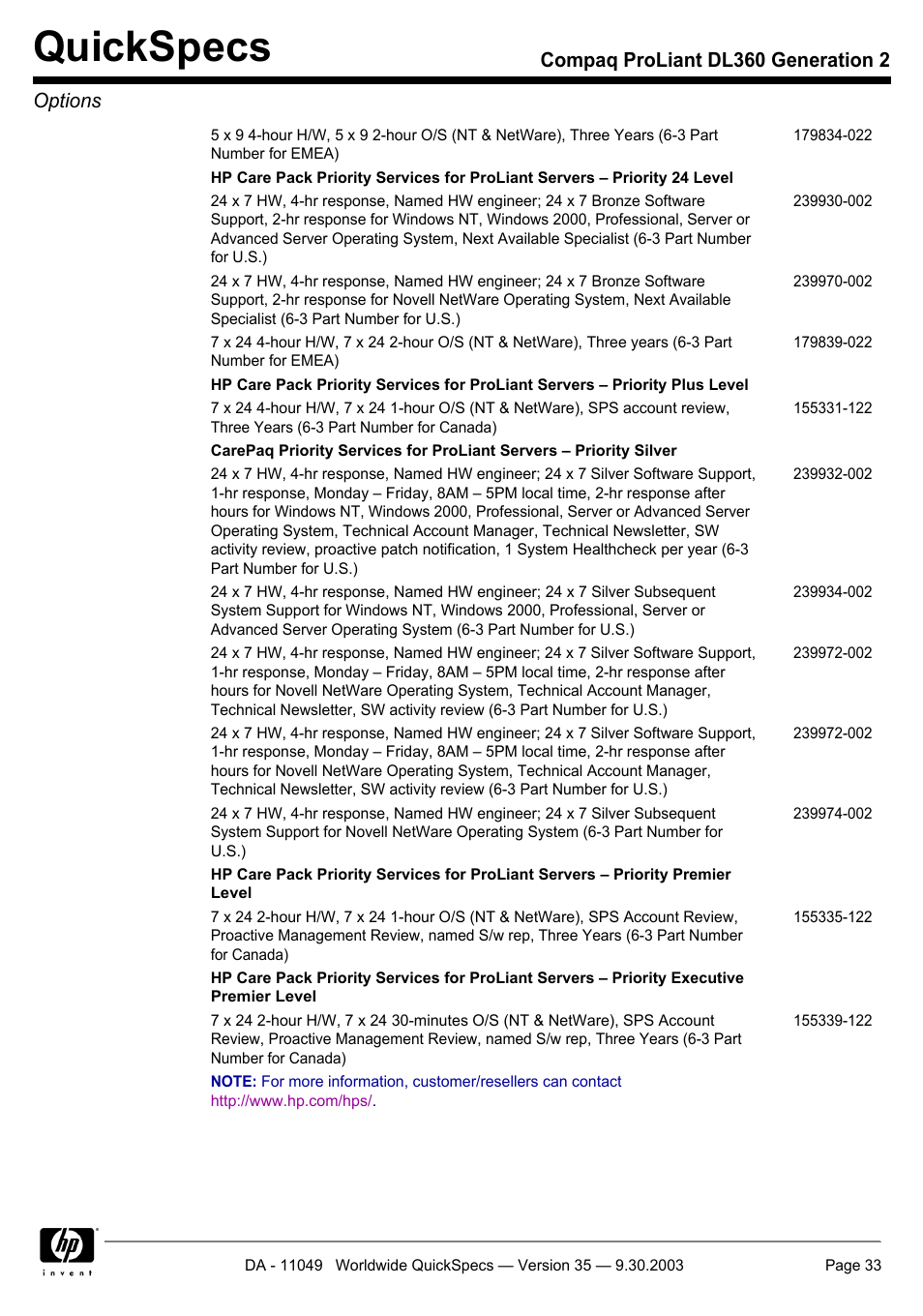 Quickspecs, Compaq proliant dl360 generation 2 options | HP DL360 User Manual | Page 33 / 43