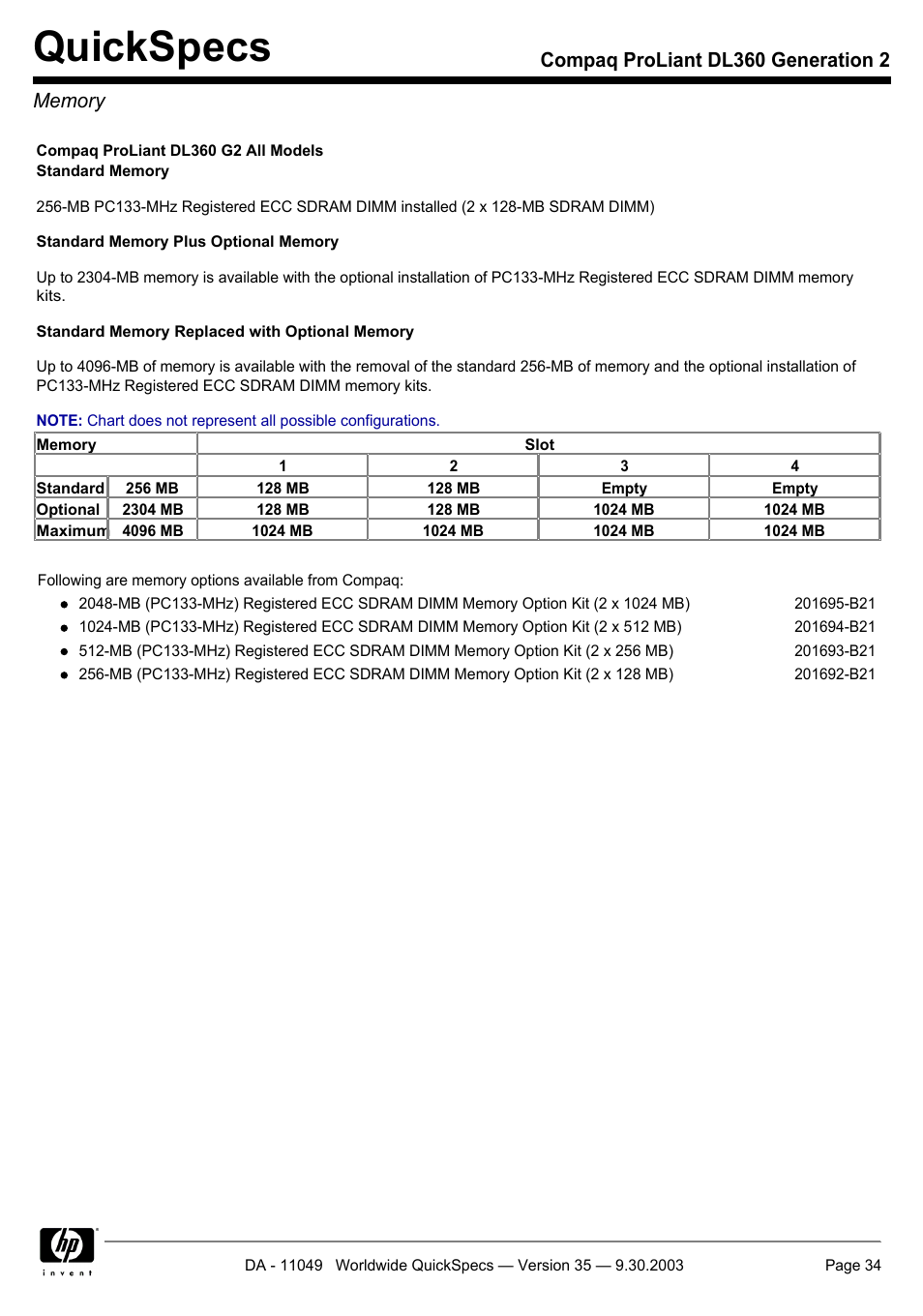 Memory, Quickspecs | HP DL360 User Manual | Page 34 / 43