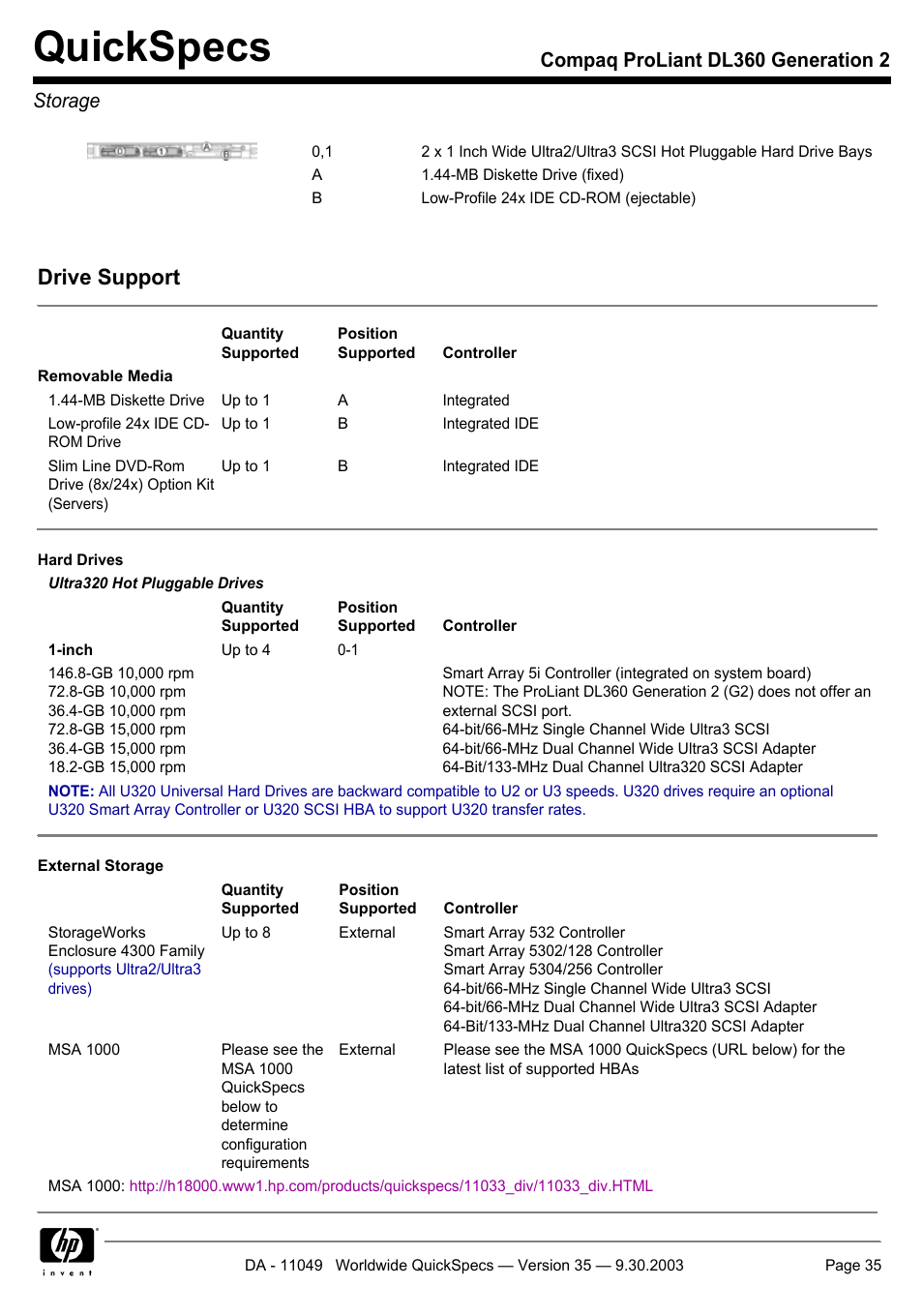 Storage, Quickspecs, Drive support | Compaq proliant dl360 generation 2 storage | HP DL360 User Manual | Page 35 / 43