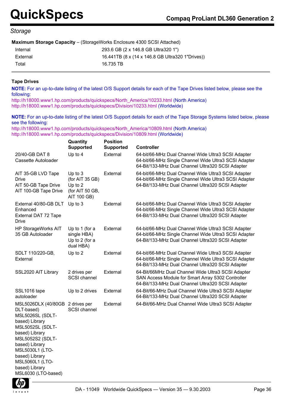 Quickspecs, Compaq proliant dl360 generation 2 storage | HP DL360 User Manual | Page 36 / 43
