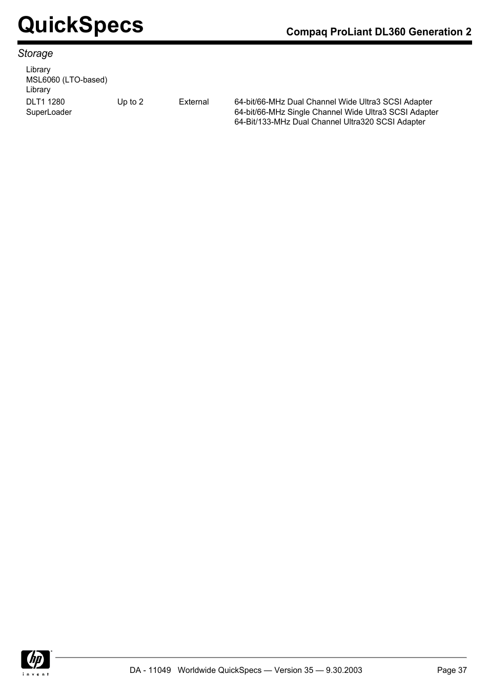 Quickspecs | HP DL360 User Manual | Page 37 / 43