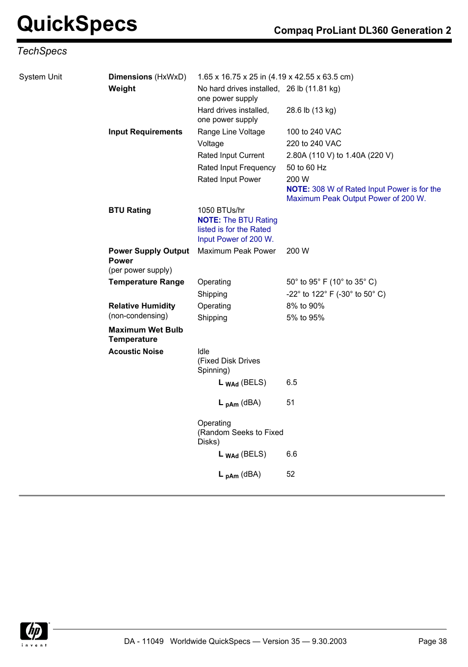 Techspecs, Quickspecs, Compaq proliant dl360 generation 2 techspecs | HP DL360 User Manual | Page 38 / 43