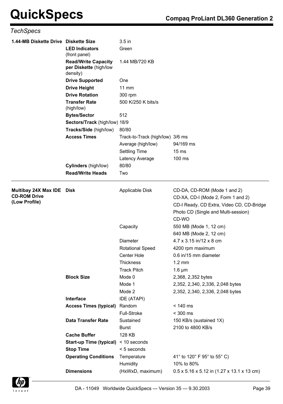 Quickspecs, Compaq proliant dl360 generation 2 techspecs | HP DL360 User Manual | Page 39 / 43