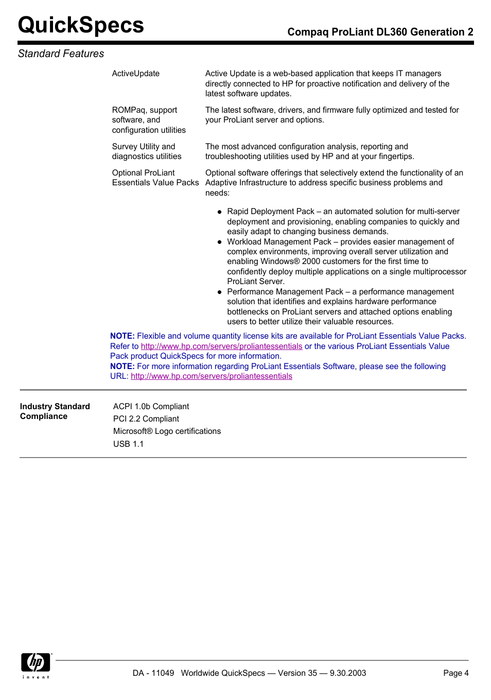 Quickspecs | HP DL360 User Manual | Page 4 / 43