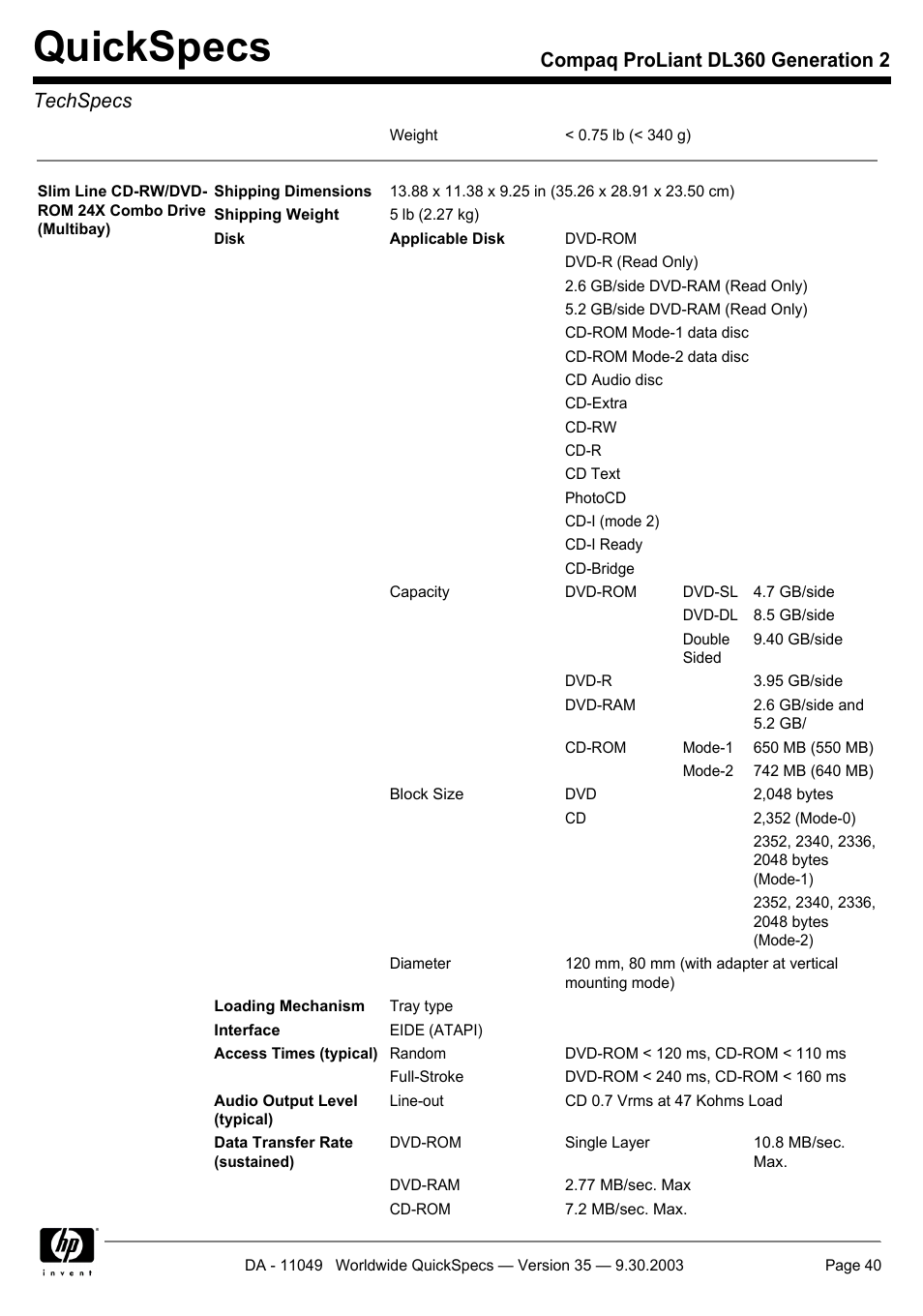 Quickspecs, Compaq proliant dl360 generation 2 techspecs | HP DL360 User Manual | Page 40 / 43