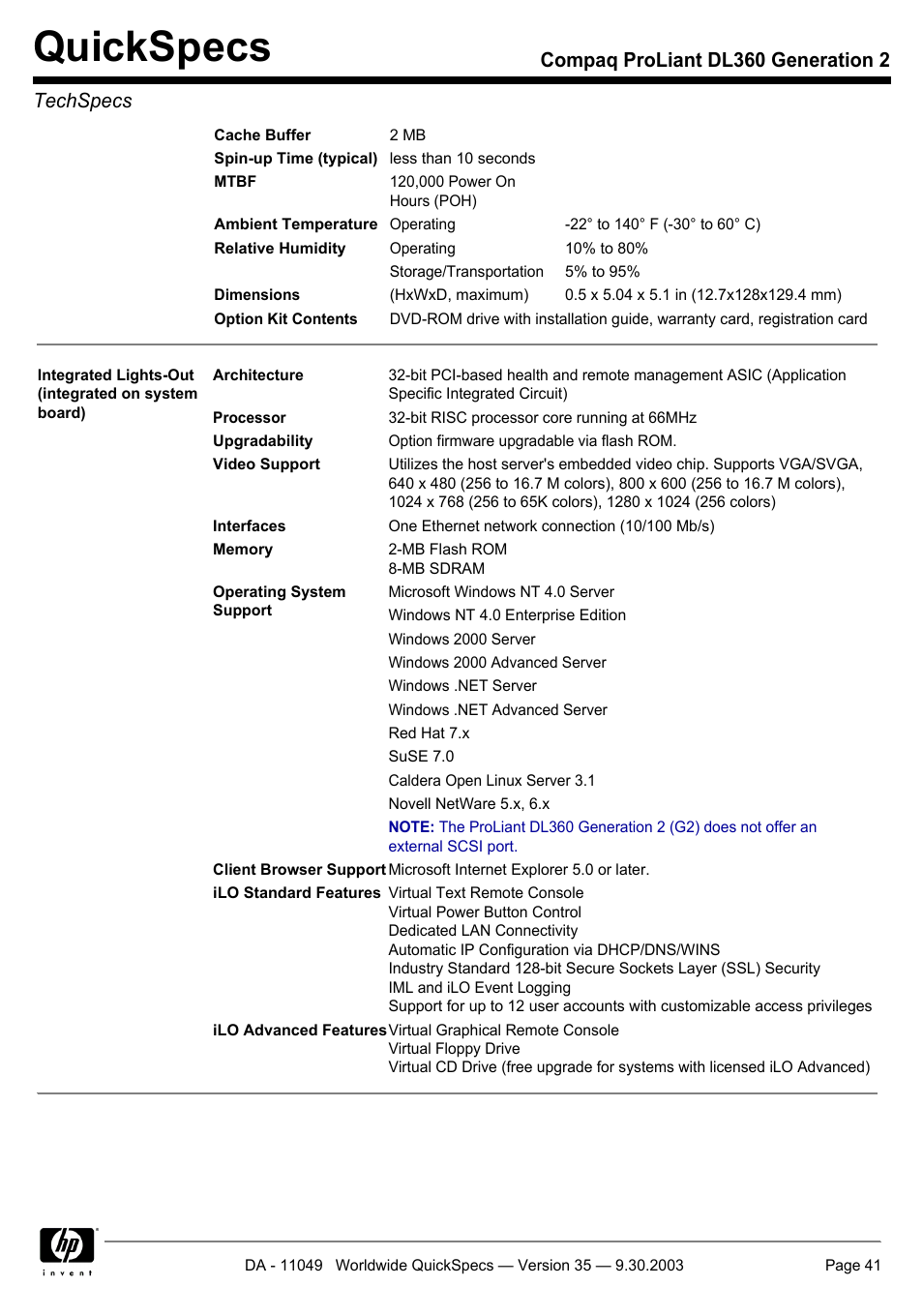 Quickspecs, Compaq proliant dl360 generation 2 techspecs | HP DL360 User Manual | Page 41 / 43