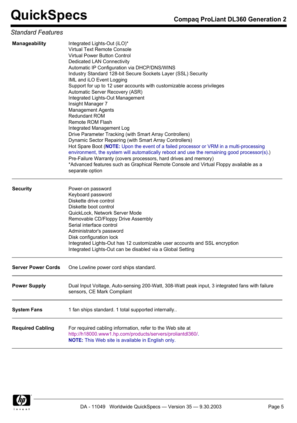 Quickspecs | HP DL360 User Manual | Page 5 / 43