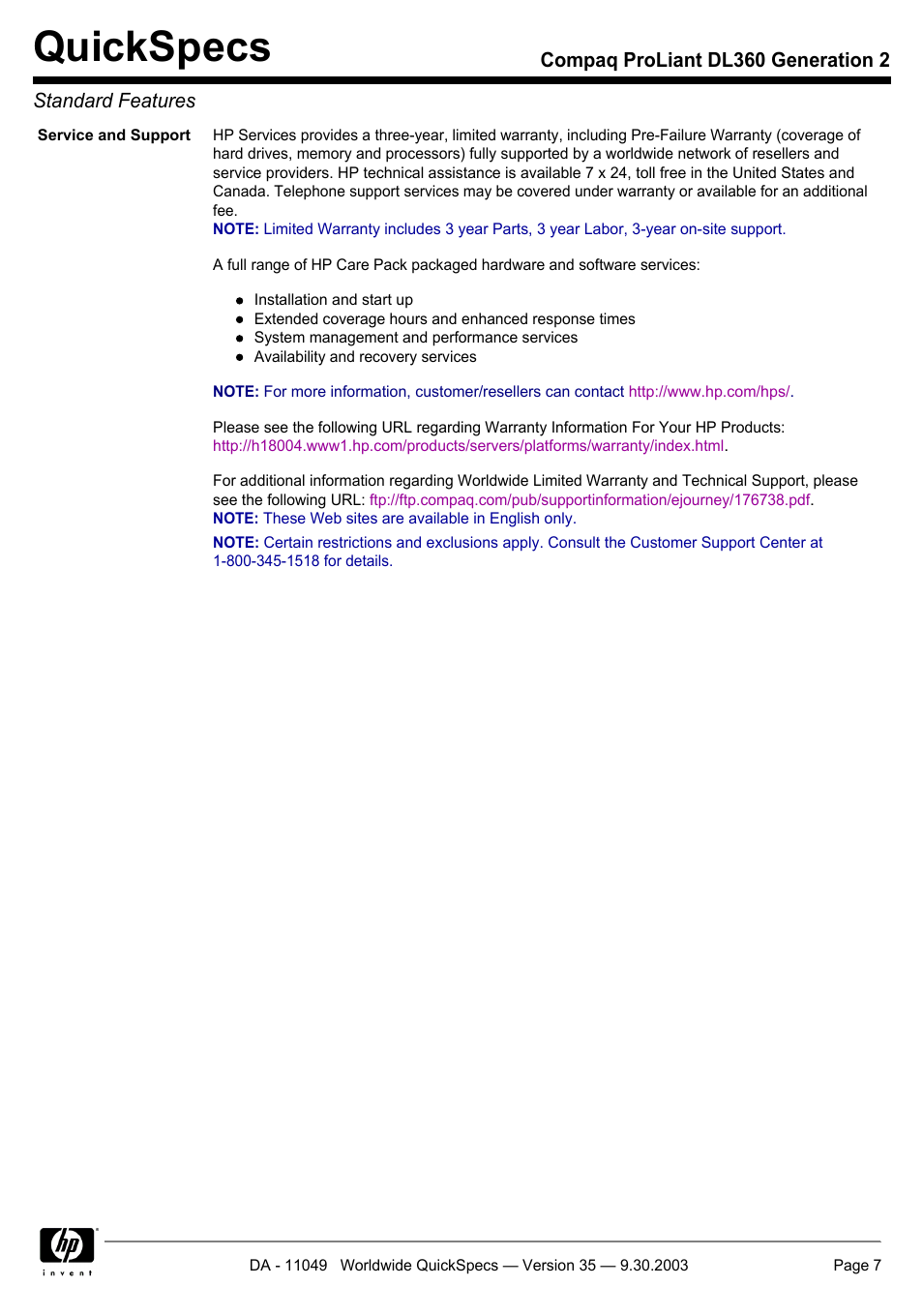 Quickspecs | HP DL360 User Manual | Page 7 / 43