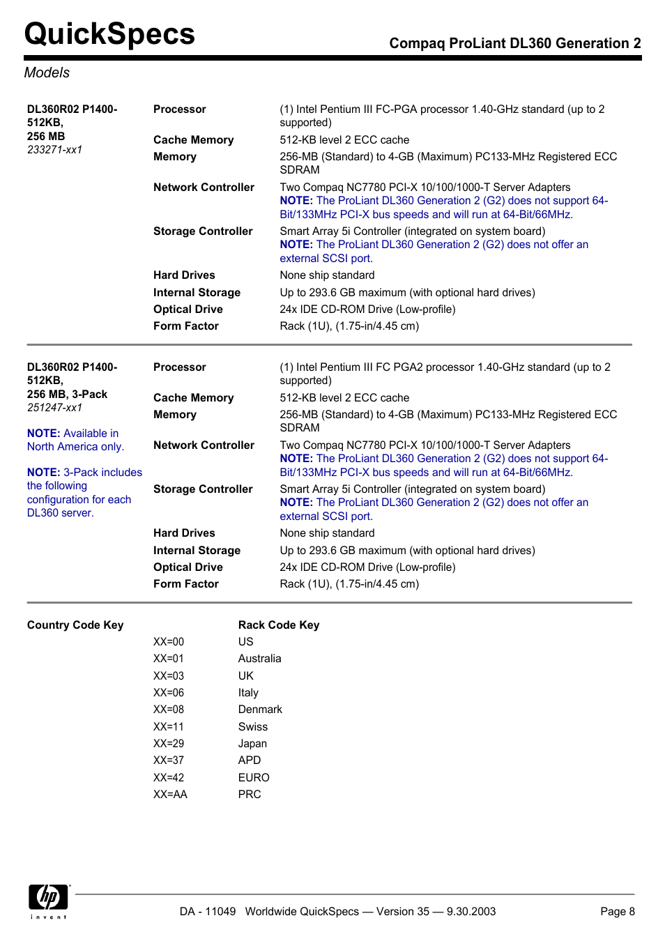 Models, Quickspecs, Compaq proliant dl360 generation 2 models | HP DL360 User Manual | Page 8 / 43