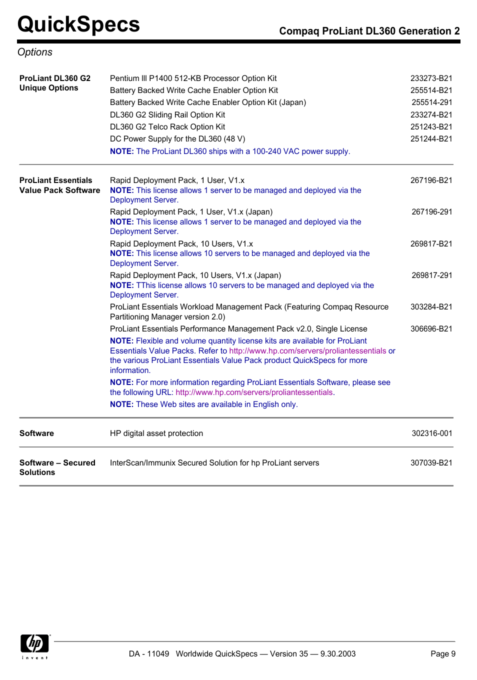 Options, Quickspecs, Compaq proliant dl360 generation 2 options | HP DL360 User Manual | Page 9 / 43