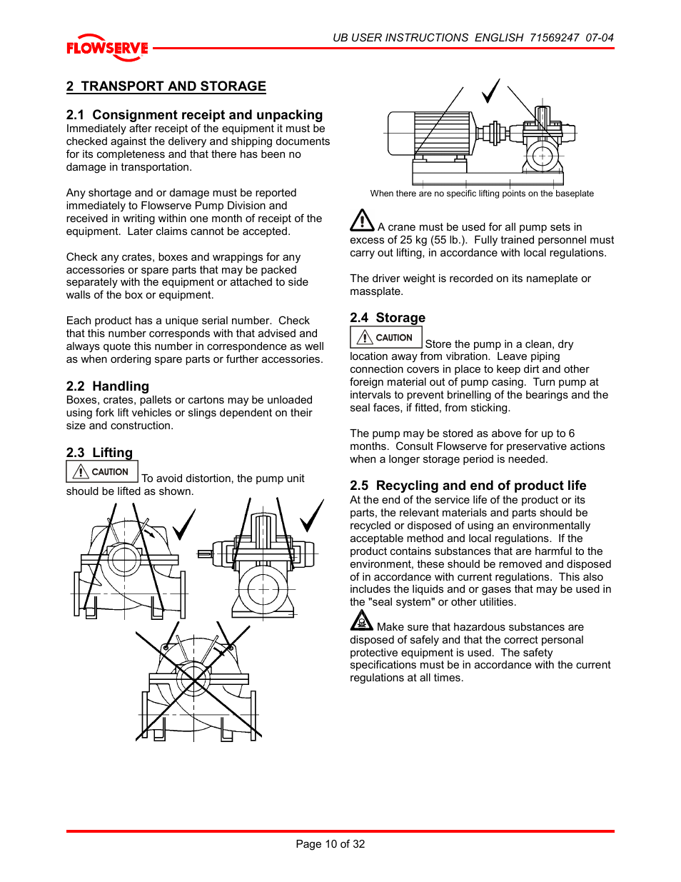 2 transport and storage, 1 consignment receipt and unpacking, 2 handling | 3 lifting, 4 storage, 5 recycling and end of product life | HP 8-UB-1 User Manual | Page 10 / 32