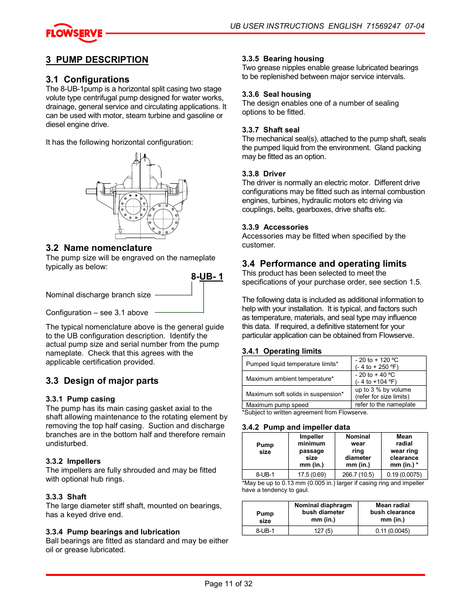 3 pump description, 1 configurations, 2 name nomenclature | 3 design of major parts, 1 pump casing, 2 impellers, 3 shaft, 4 pump bearings and lubrication, 5 bearing housing, 6 seal housing | HP 8-UB-1 User Manual | Page 11 / 32