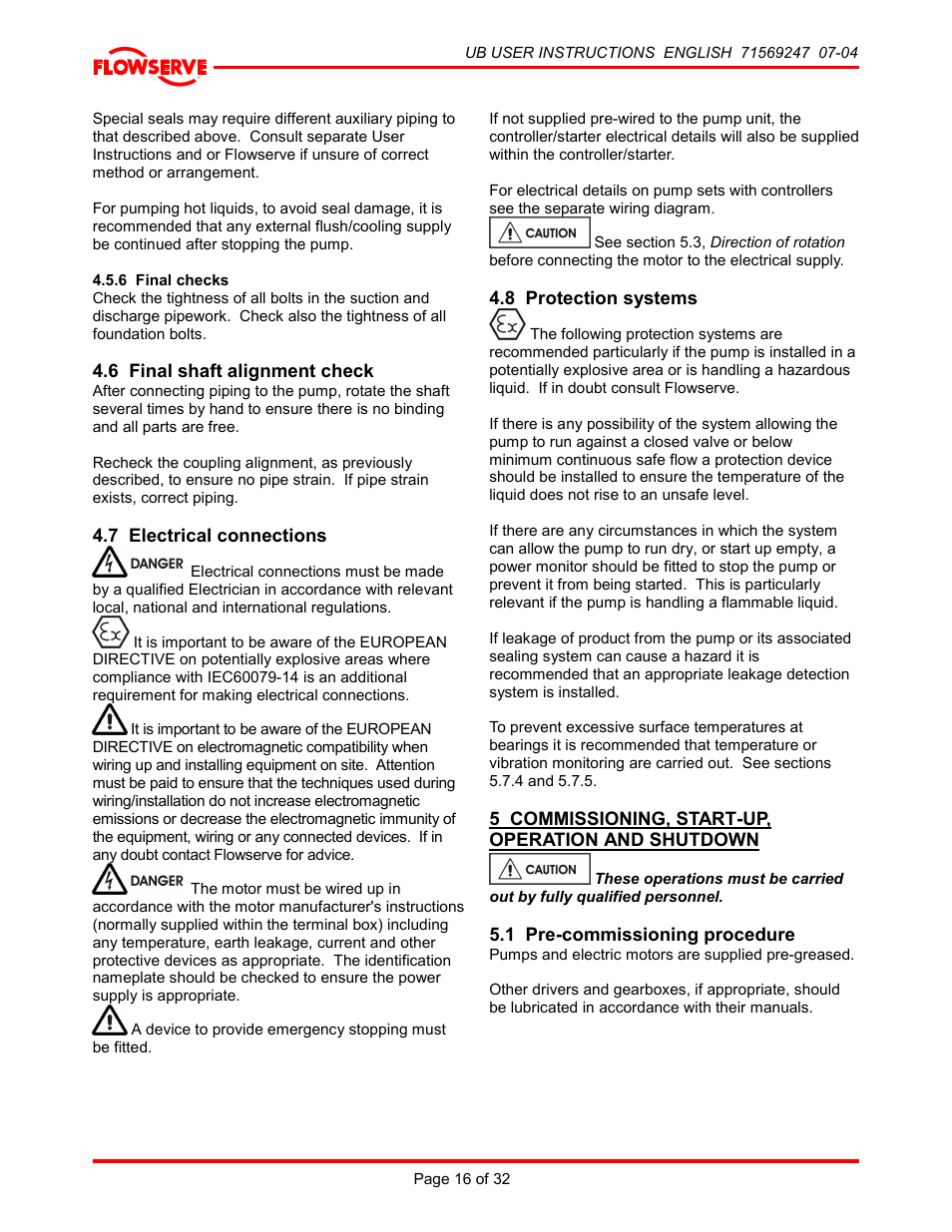 6 final checks, 6 final shaft alignment check, 7 electrical connections | 8 protection systems, 5 commissioning, start-up, operation and shutdown, 1 pre-commissioning procedure, And shutdown | HP 8-UB-1 User Manual | Page 16 / 32