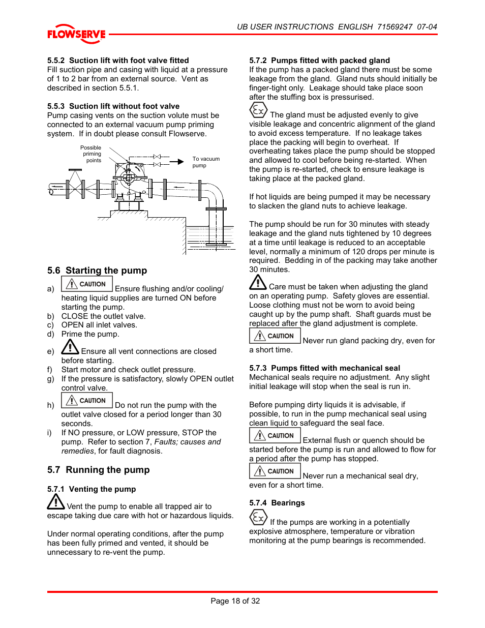 2 suction lift with foot valve fitted, 3 suction lift without foot valve, 6 starting the pump | 7 running the pump, 1 venting the pump, 2 pumps fitted with packed gland, 3 pumps fitted with mechanical seal, 4 bearings, 6 starting the pump 5.7 running the pump | HP 8-UB-1 User Manual | Page 18 / 32