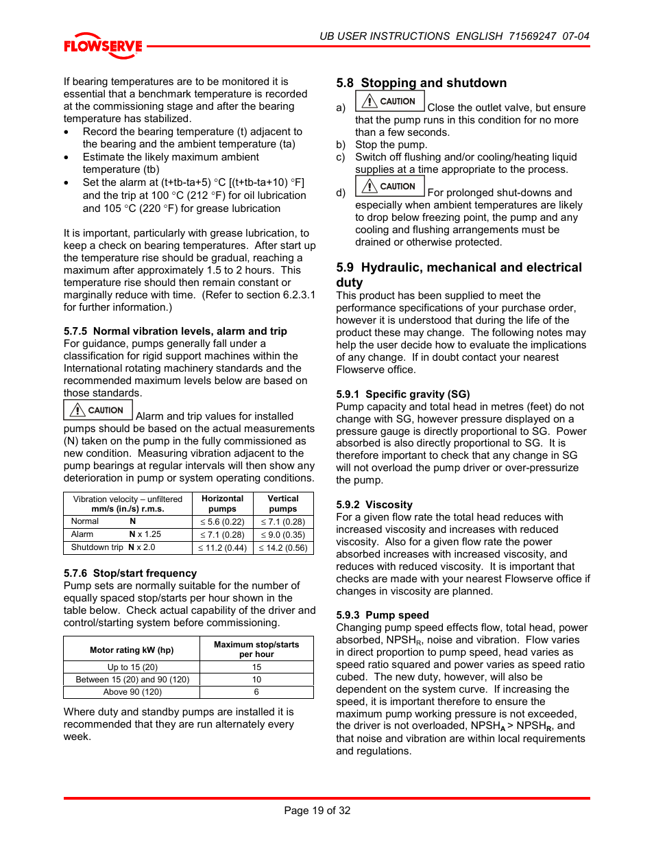 5 normal vibration levels, alarm and trip, 6 stop/start frequency, 8 stopping and shutdown | 9 hydraulic, mechanical and electrical duty, 1 specific gravity (sg), 2 viscosity, 3 pump speed | HP 8-UB-1 User Manual | Page 19 / 32