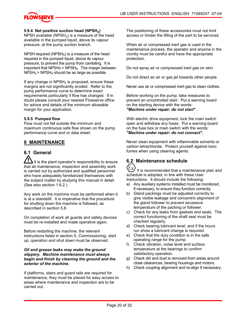 4 net positive suction head (npsha), 5 pumped flow, 6 maintenance | 1 general, 2 maintenance schedule, 1 general 6.2 maintenance schedule, 6 maintenance 6.1 general | HP 8-UB-1 User Manual | Page 20 / 32