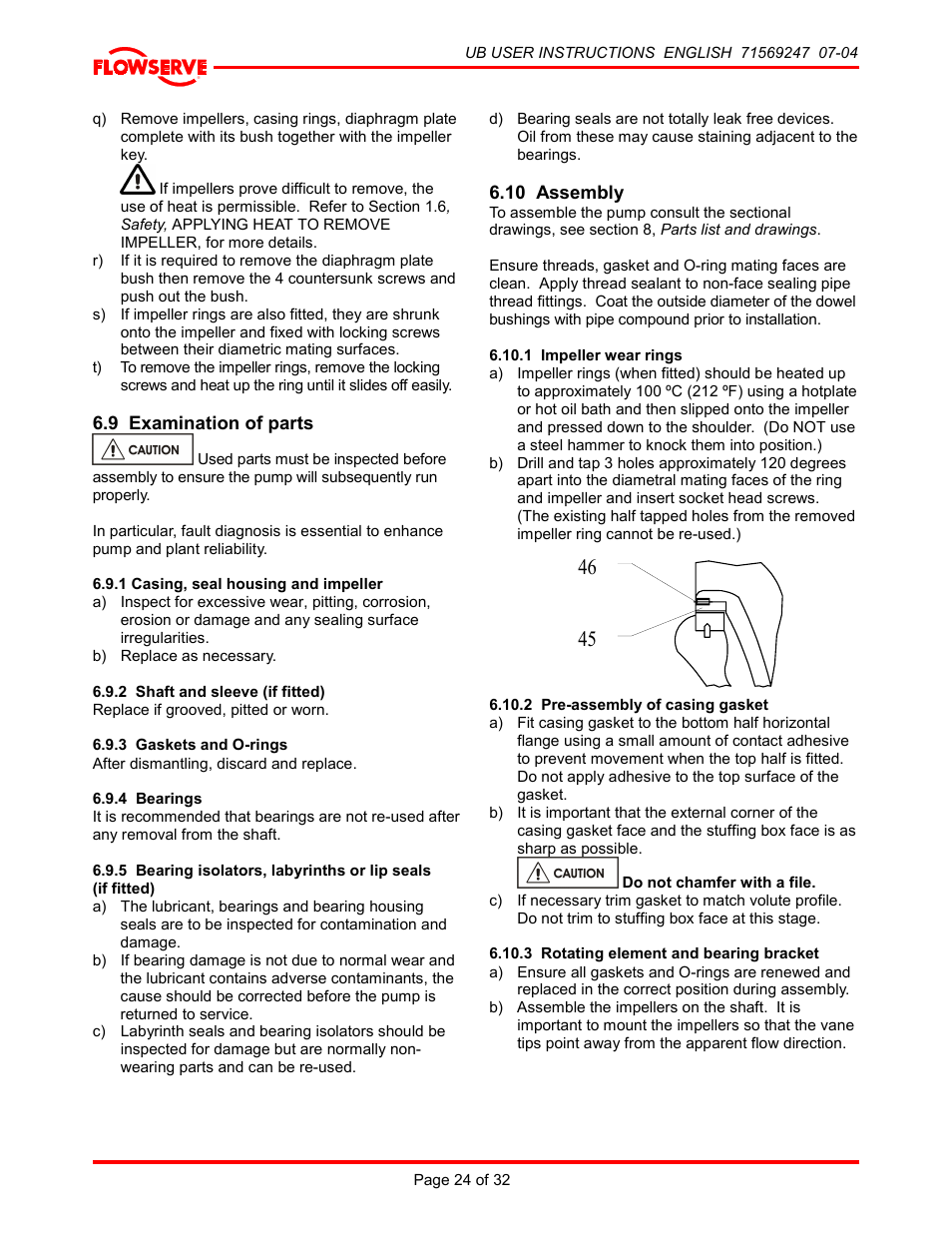 9 examination of parts, 1 casing, seal housing and impeller, 2 shaft and sleeve (if fitted) | 3 gaskets and o-rings, 4 bearings, 10 assembly, 1 impeller wear rings, 2 pre-assembly of casing gasket, 3 rotating element and bearing bracket, 9 examination of parts 6.10 assembly | HP 8-UB-1 User Manual | Page 24 / 32