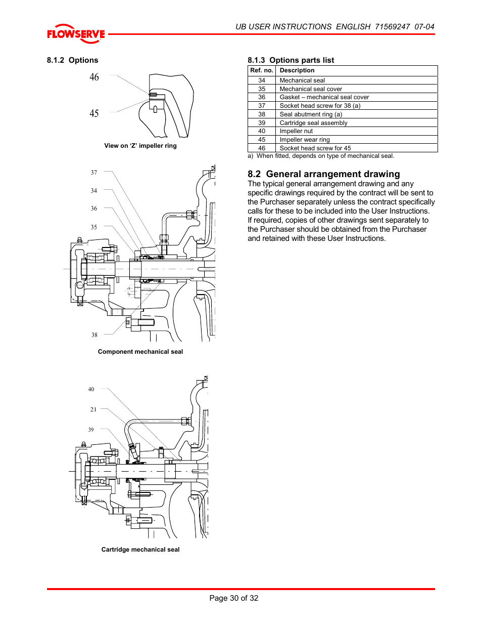 2 options, 3 options parts list, 2 general arrangement drawing | HP 8-UB-1 User Manual | Page 30 / 32