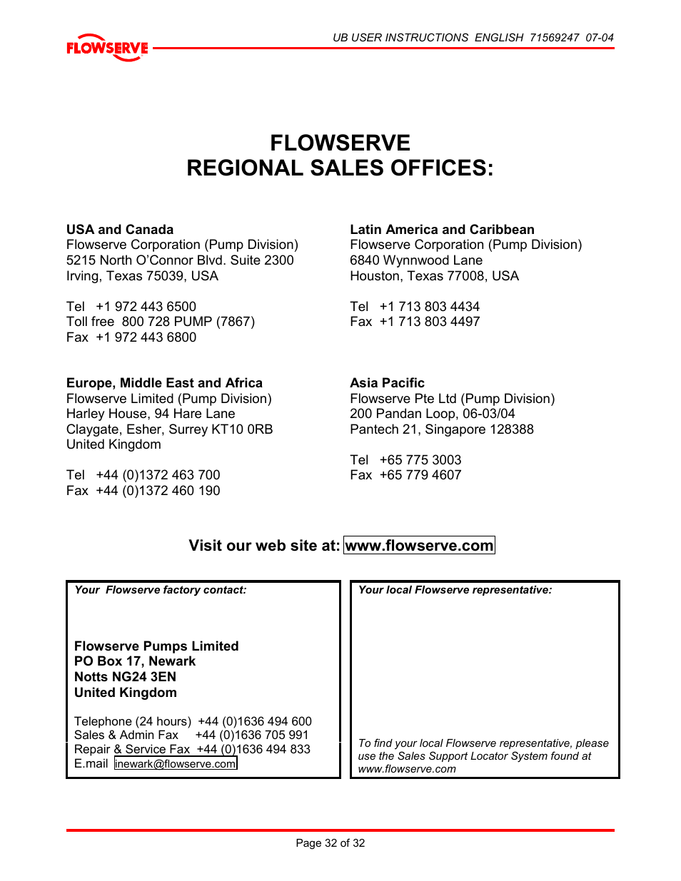 Flowserve regional sales offices | HP 8-UB-1 User Manual | Page 32 / 32