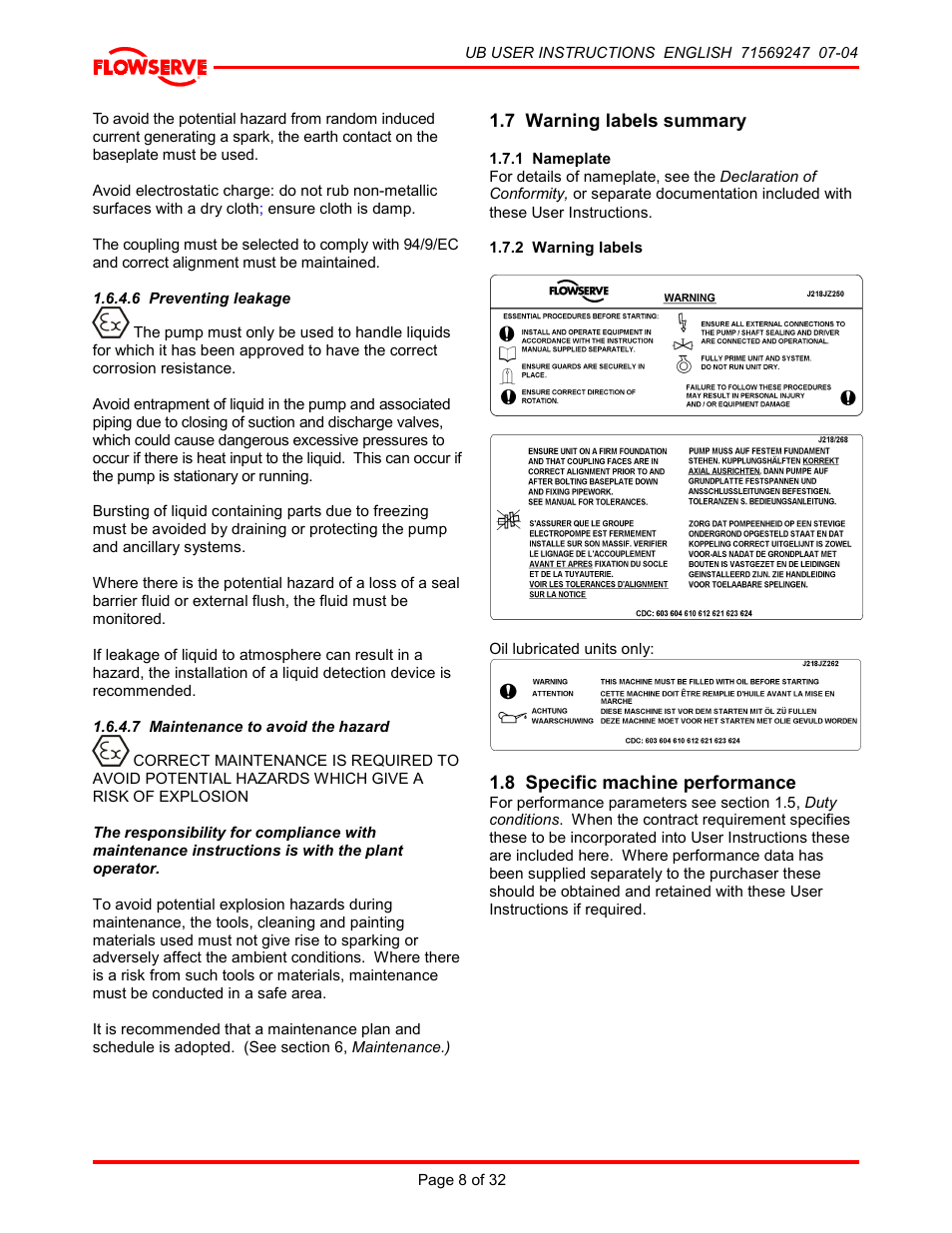 6 preventing leakage, 7 maintenance to avoid the hazard, 7 warning labels summary | 1 nameplate, 2 warning labels, 8 specific machine performance | HP 8-UB-1 User Manual | Page 8 / 32