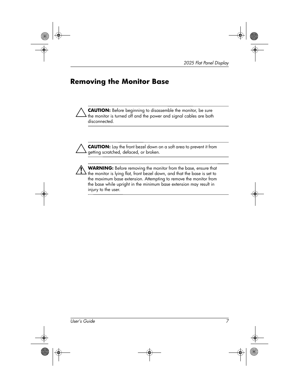 Removing the monitor base, Removing the monitor base –7 | HP Compaq TFT 2025 User Manual | Page 11 / 36