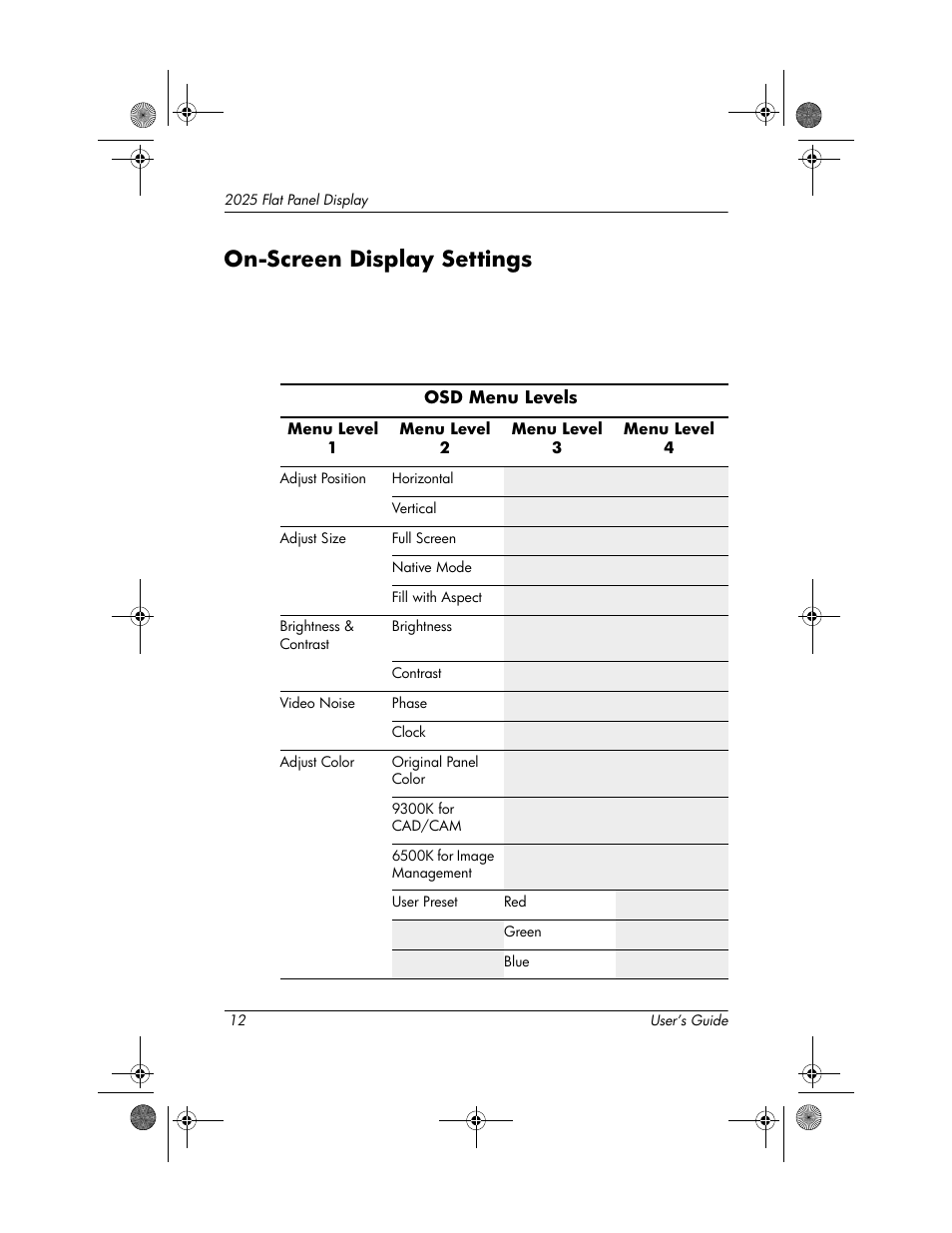 On-screen display settings, On-screen display settings –12 | HP Compaq TFT 2025 User Manual | Page 16 / 36