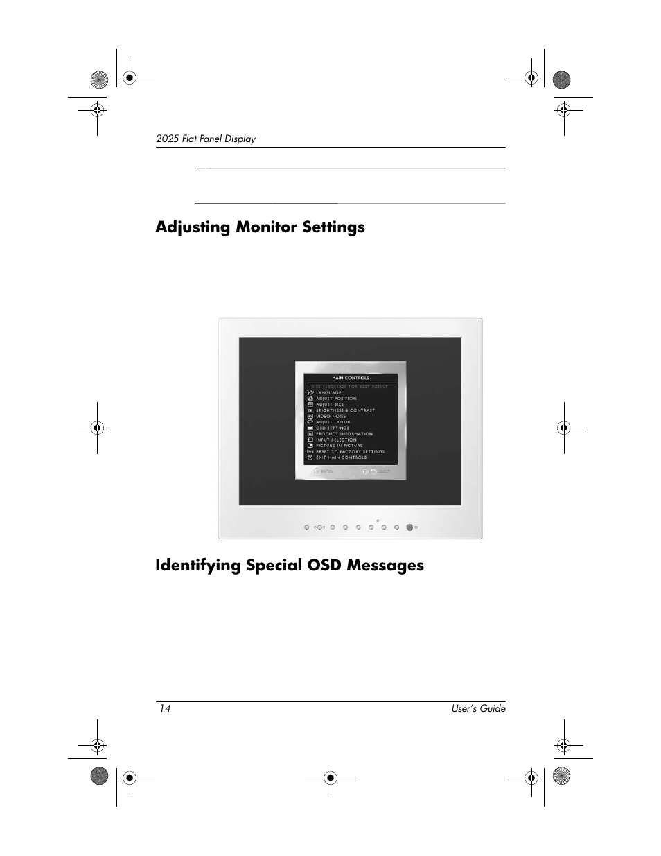 Adjusting monitor settings, Identifying special osd messages | HP Compaq TFT 2025 User Manual | Page 18 / 36