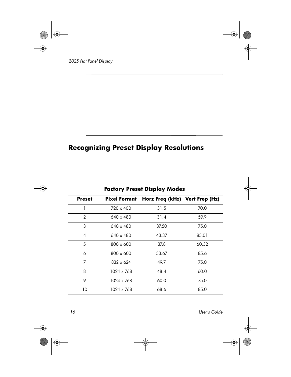 Recognizing preset display resolutions, Recognizing preset display resolutions –16 | HP Compaq TFT 2025 User Manual | Page 20 / 36