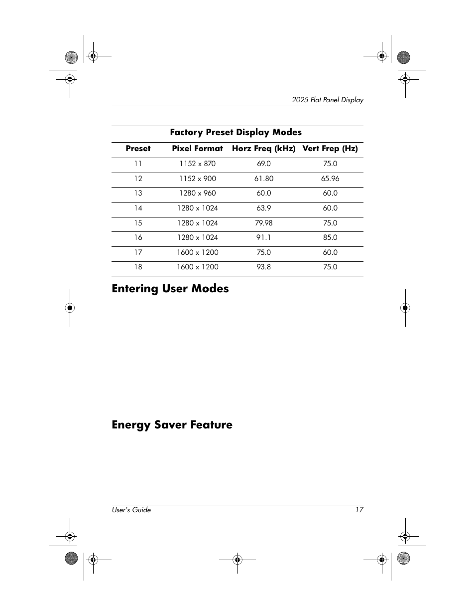 Entering user modes, Energy saver feature, Entering user modes –17 energy saver feature –17 | HP Compaq TFT 2025 User Manual | Page 21 / 36