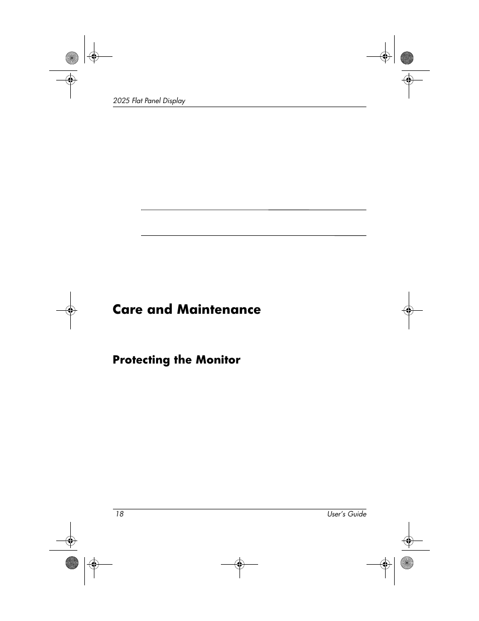 Care and maintenance, Protecting the monitor, Care and maintenance –18 | Protecting the monitor –18 | HP Compaq TFT 2025 User Manual | Page 22 / 36