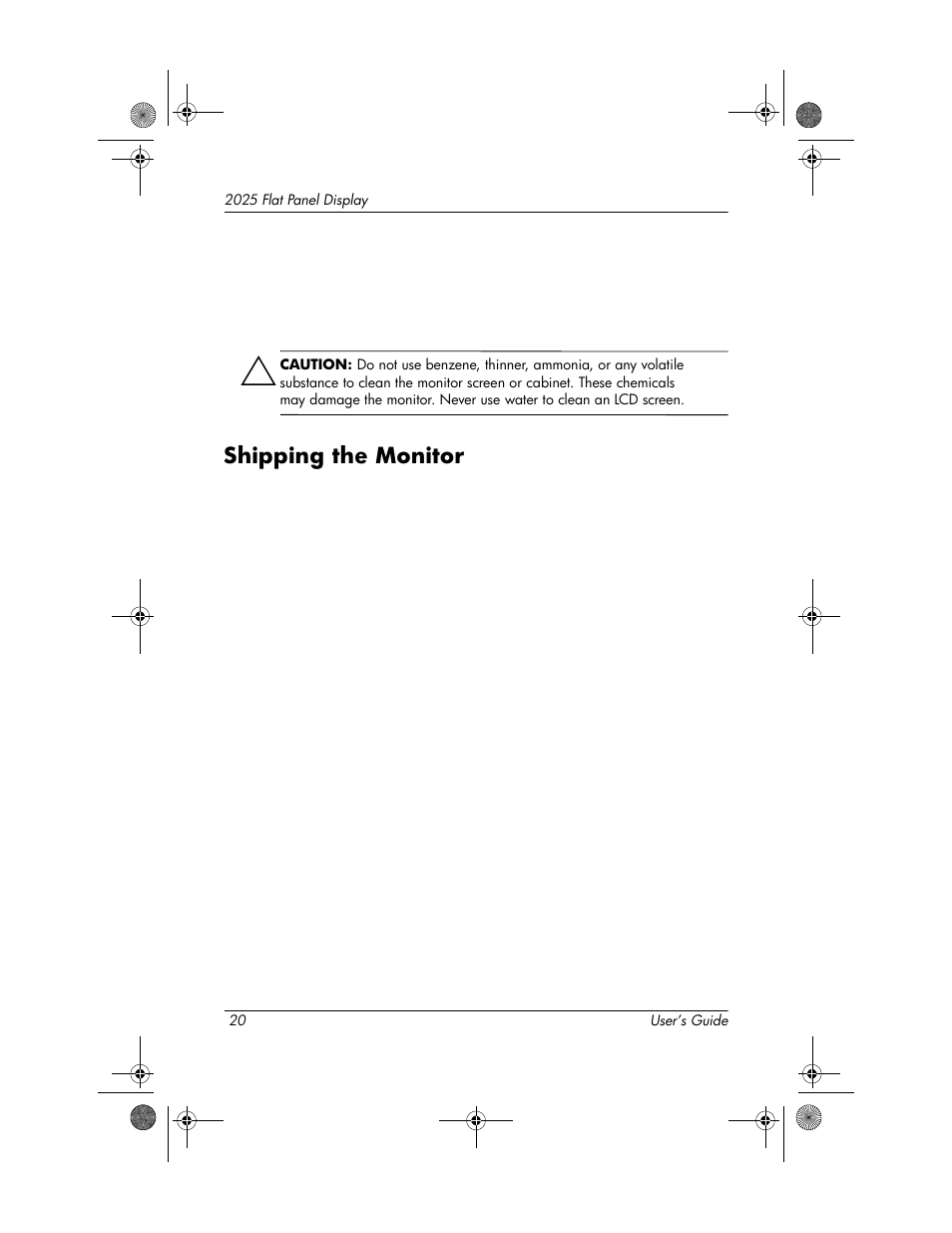 Shipping the monitor, Shipping the monitor –20 | HP Compaq TFT 2025 User Manual | Page 24 / 36