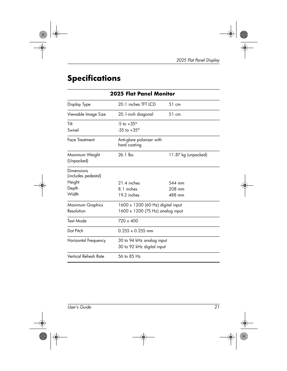 Specifications, Specifications –21 | HP Compaq TFT 2025 User Manual | Page 25 / 36