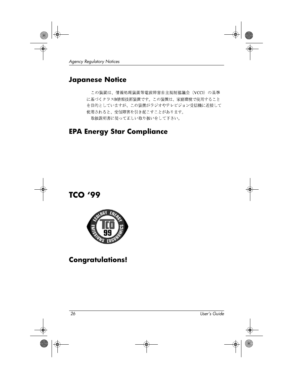 Japanese notice, Epa energy star compliance, Tco ‘99 | Congratulations, Japanese notice epa energy star compliance | HP Compaq TFT 2025 User Manual | Page 30 / 36