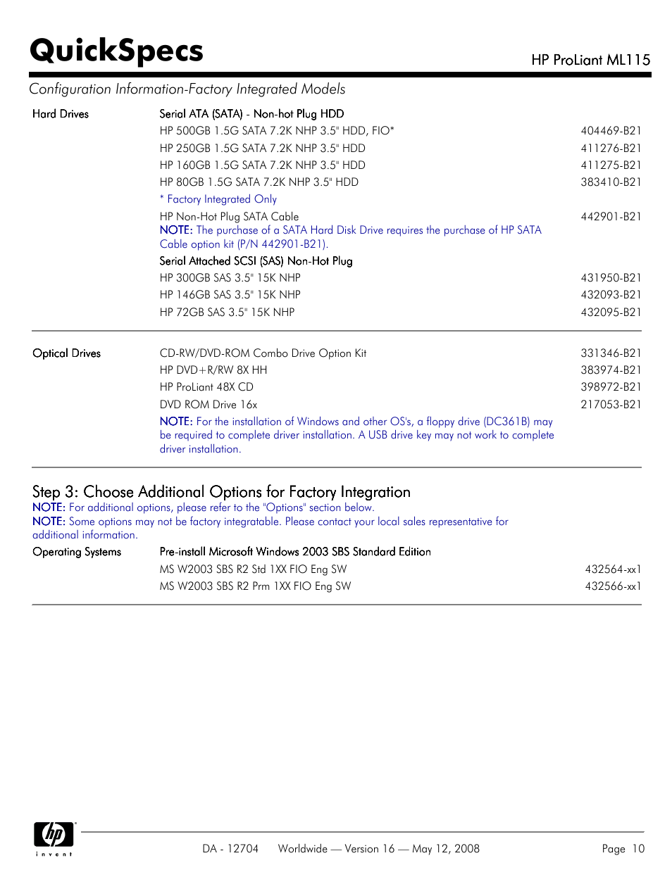 Quickspecs, Hp proliant ml115 | HP ProLiant ML115HP User Manual | Page 10 / 26