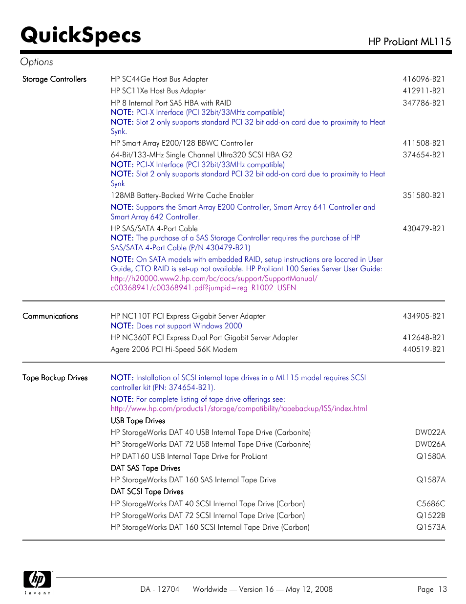 Quickspecs, Hp proliant ml115, Hp proliant ml115 options | HP ProLiant ML115HP User Manual | Page 13 / 26