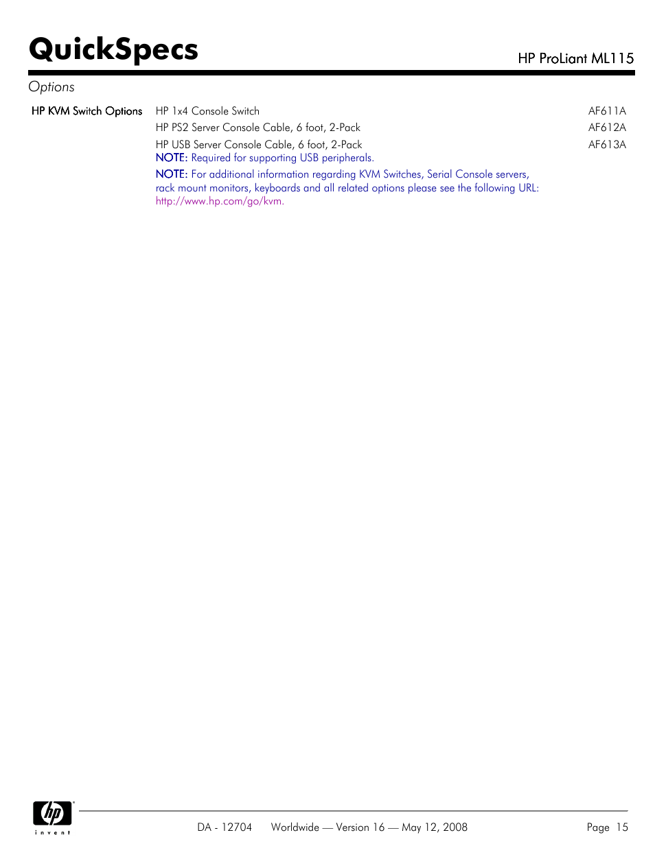 Quickspecs | HP ProLiant ML115HP User Manual | Page 15 / 26